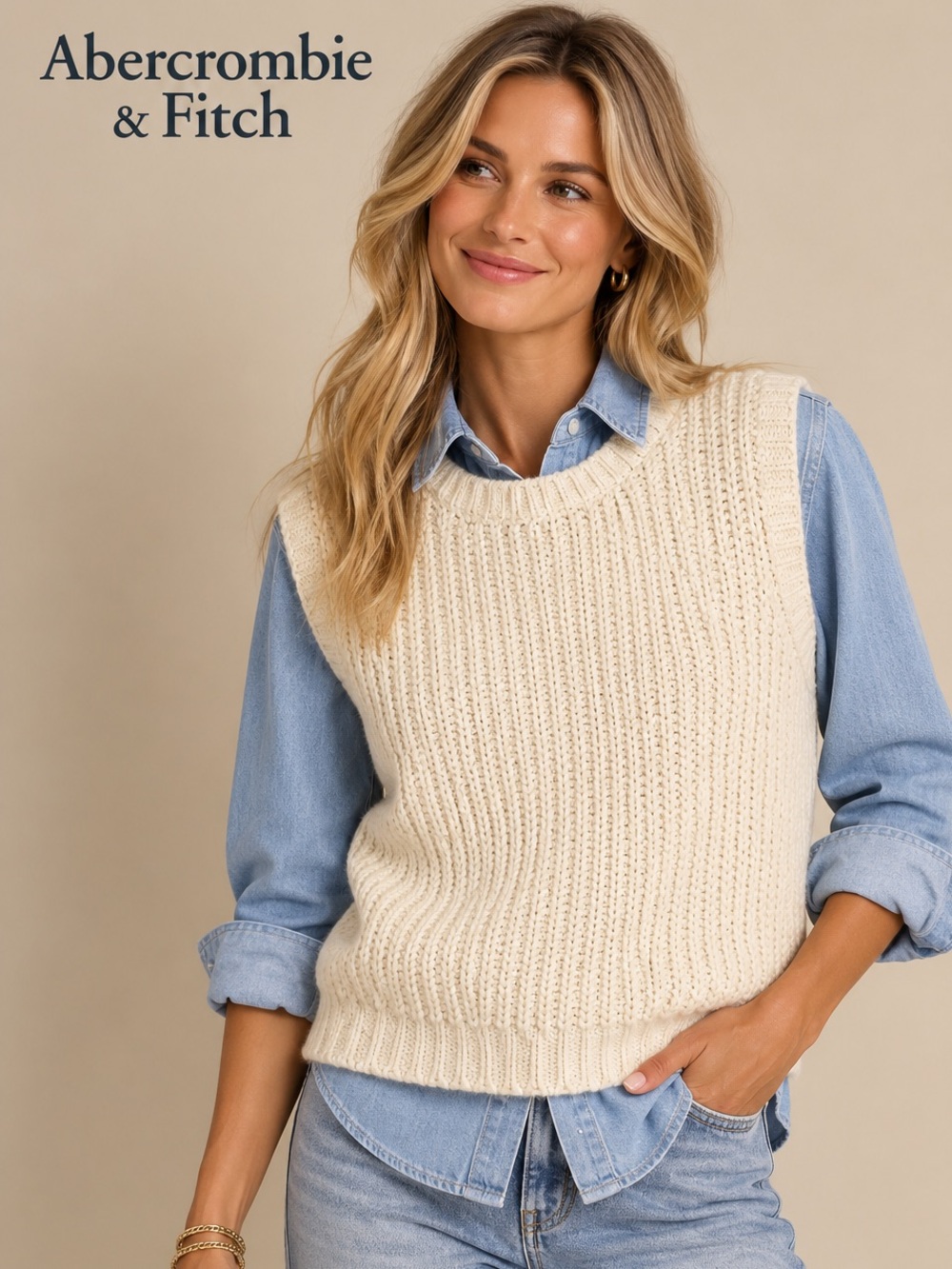 Abercrombie & Fitch Cream Chunky Knit Sweater Vest